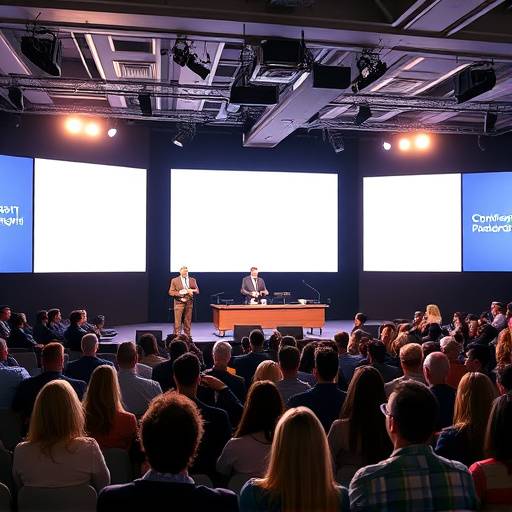 Captura de pantalla de la cobertura de un evento para Madrid Conference Group, mostrando un escenario con ponentes y una audiencia.