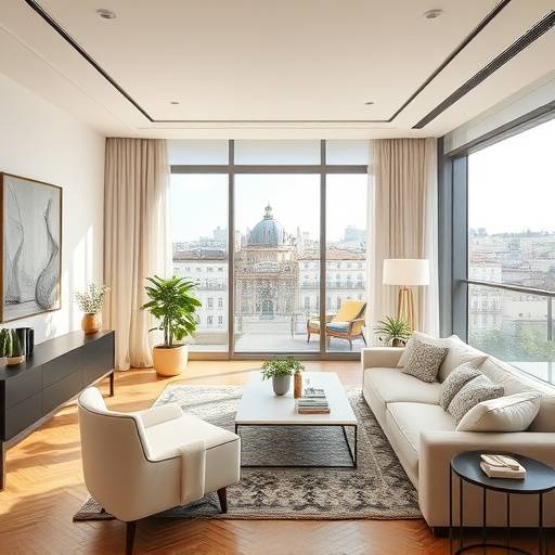 Captura de pantalla de un video inmobiliario para la promoción de un piso de lujo en Madrid, mostrando interiores elegantes y vistas panorámicas.